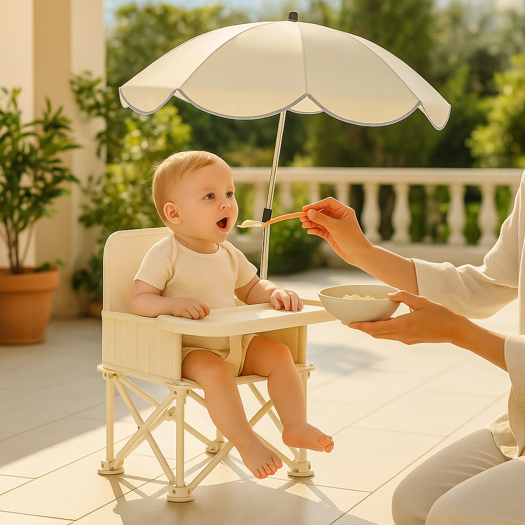Rehausseur chaise avec parasol avec maman