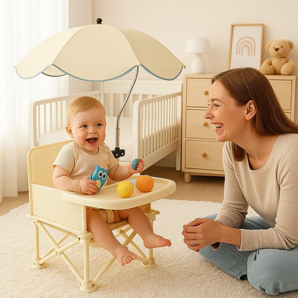 Rehausseur chaise avec parasol joue avec maman
