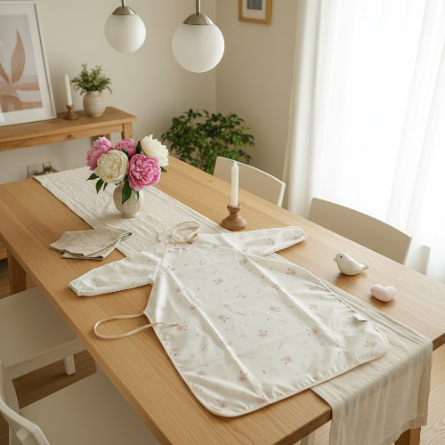 Bavoir manche longue imperméable lapin sur la table de cuisine avec bouquet de fleurs