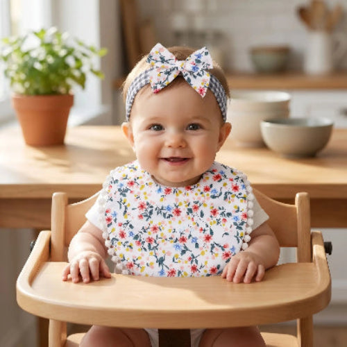 Bavoir bandana bébé bambou double épaisseur fleurs rouges