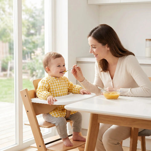 Bavoir imperméable tout petit confort jaune bébé assis dans sa chaise haute
