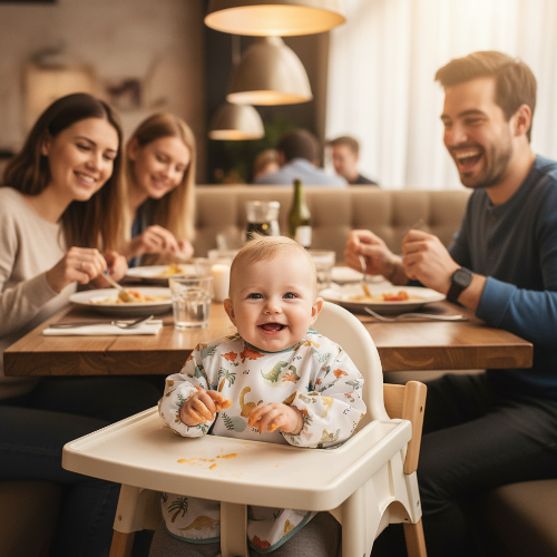 Bavoir bébé imperméable dinausore assis dans sa chaise haute au restaurant en famille