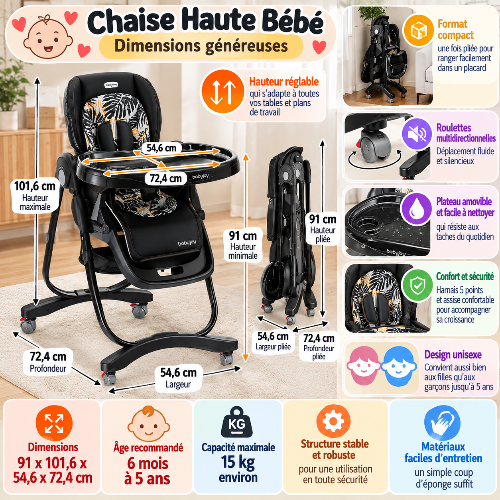 Chaise haute bébé sécurisée dimensions