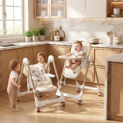 Chaise haute pour bébé les amis s'amuse avec bébé assis dans sa chaise