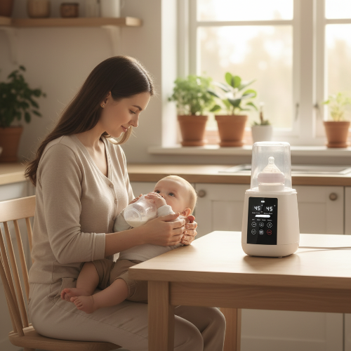 Chauffe biberon sur la table de cuisine avec maman et bébé
