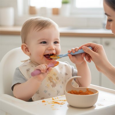 Cuillère bébé ergonomique nomade avec bébé