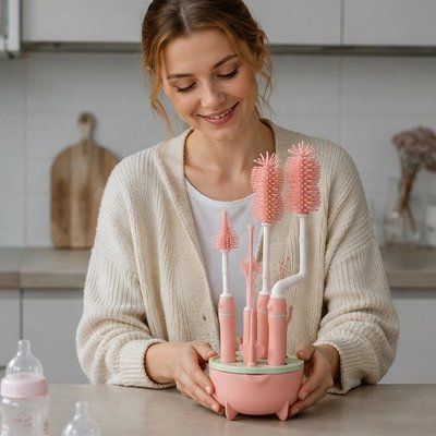 Goupillon pour biberon ergonomique avec différentes brosses