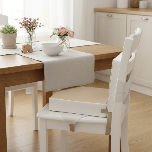 Rehausseur chaise beige sur une chaise de cuisine