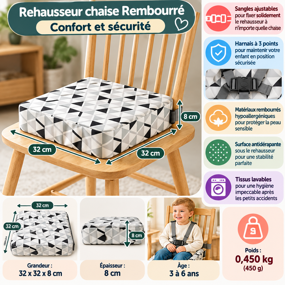 Rehausseur chaise confort et sécurité dimensions