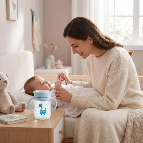 Tasse d'apprentissage bébé qui est coucher dans son lit avec maman à c'est coter