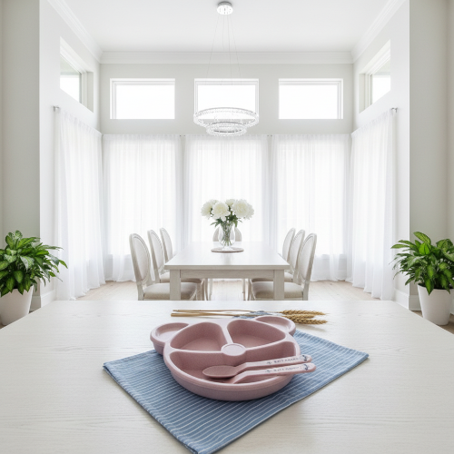 Vaisselle bébé rose avec ustensiles trois compartiments sur une table de cuisine dans une grande salle à diner