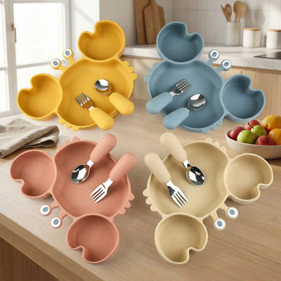 Assiette crabe bébé avec fourchette couleurs différentes