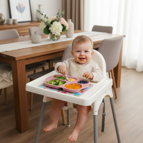 Assiette bébé forme de lapin bébé assis dans sa chaise haute qui mange son repas