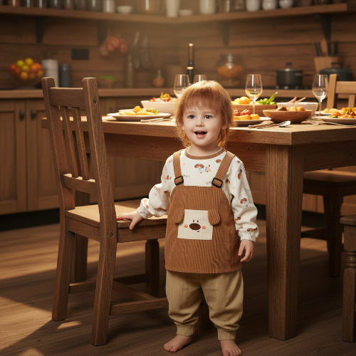 Bavoir bébé impermable avec un petit chiot sur son bavoit avec un petit  à coté de la chaise de cuisine