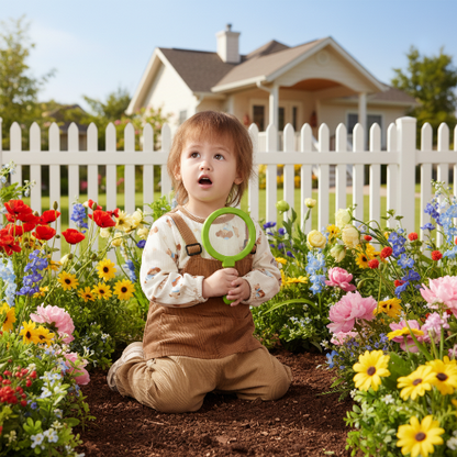 Bavoir bébé imperméable assis dans le jardin de fleurs dans la cour de la maison