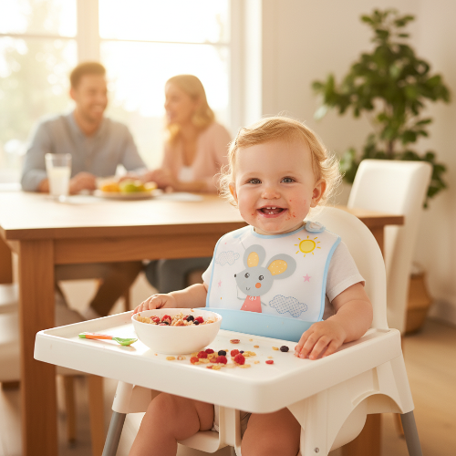 Bavoir imperméable au cou de bébé avec comme image une souris grise bébé assis dans sa chaise haute 