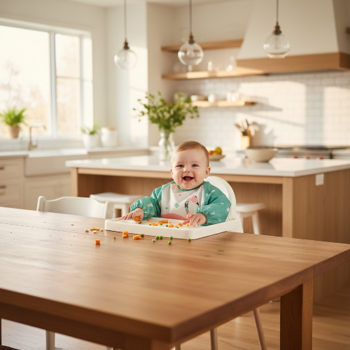 Bavoir imperméable vert avec flamant rose bébé qui mange ses légumes à la table de cuisine
