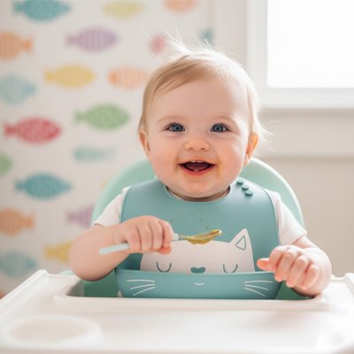 Bavoir silicone vert avec chat