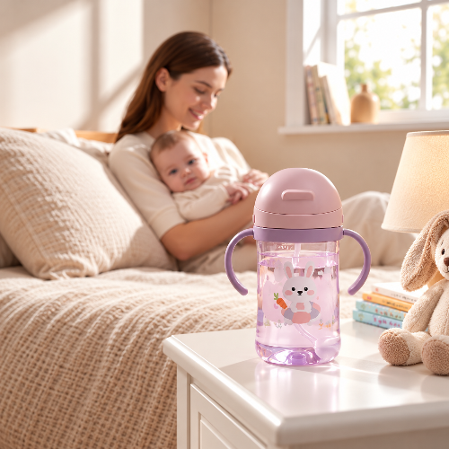 Biberon évolutif rose et poignées mauve avec  imprimé lapin sur le biberon