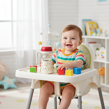 Biberon évolutif rouge avec oursons sur la chaise haute avec bébé et jouets cube dans sa salle de jeu
