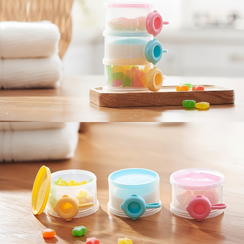 Boite doseuse lait ensemble de trois couleurs sur la table de cuisine