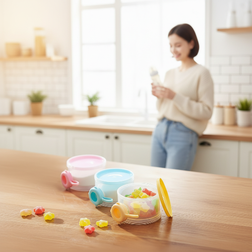 Boite doseuse lait sur le comptoir de cuisine avec bonbon et maman