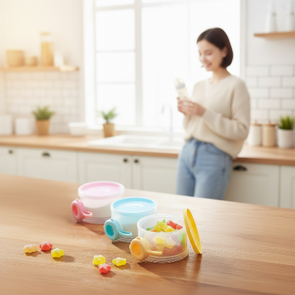 Boite doseuse lait sur le comptoir de cuisine avec bonbon et maman