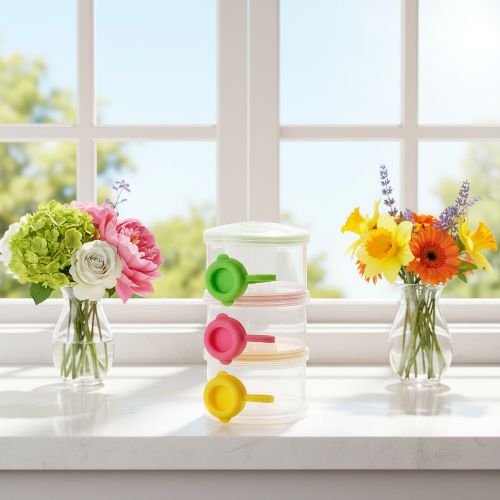 Boite doseuse lait sur le comptoir avec fleurs