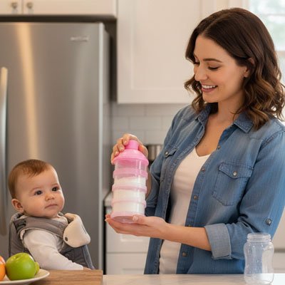 Boite doseuse lait PratiTravel avec maman