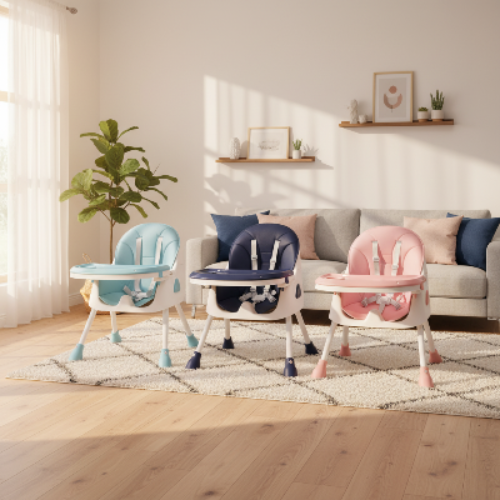 Chaise haute bébé bleu royal dans le salon qui ressemble à une chaise