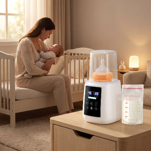 Chauffe-biberon-portable blanc sur la table de chevet de bébé endormi