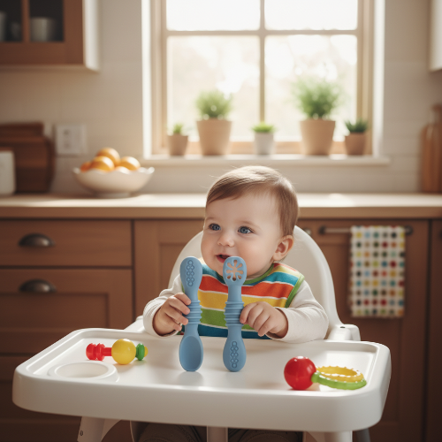 Couvert bébé ergonomique souple bleu sur la tablette sur la chaise haute avec bébé
