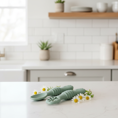 Couvert bébéé rgonomique souple vert sur le comptoir de cuisine avec petite fleurs blanche