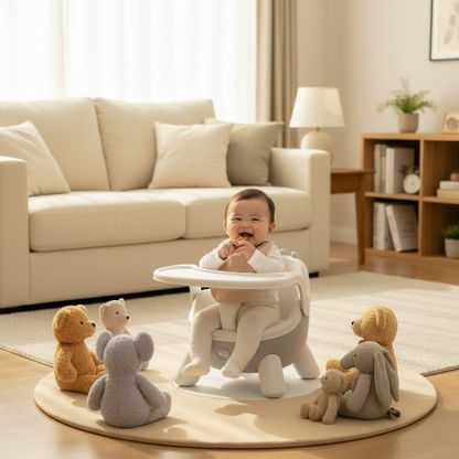 Réhausseur chaise bébé dans le salon avec bébé et ses oursons en pelluches