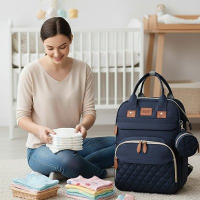 Sac à langer avec les serviettes bleus