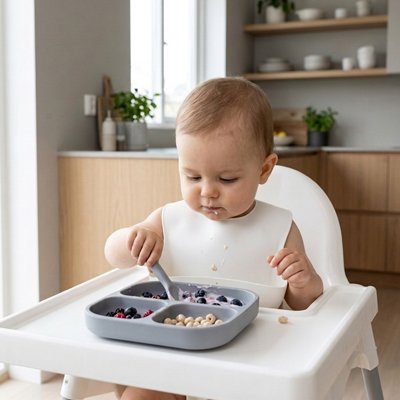 Assiette bébé ventouse antidérapante  bleu gris