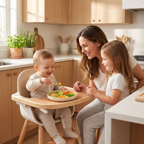 Assiette bébé antidérapant beige sur la chaise haute de bébé avec maman et petite soeur