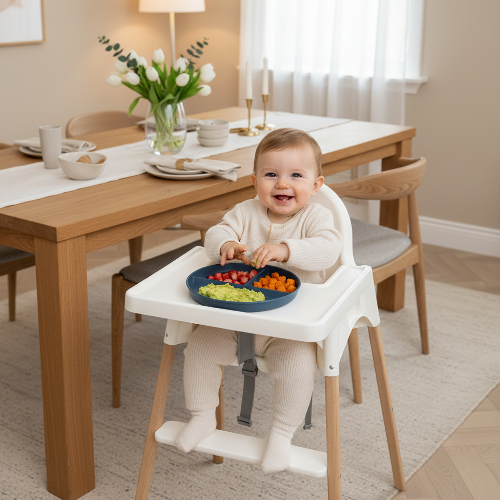 Assiette bébé bleu foncé sur la tablette de la chaise haute avec bébé dans la salle à diner