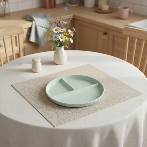 Assiette bébé silicone antidérapante ventouse vert menthe  sur la table de cuisine