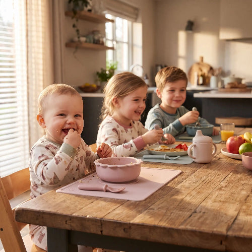 Assiette bébé silicone en forme de fleur rose sur la table de bébé qui mange son repas entre amis