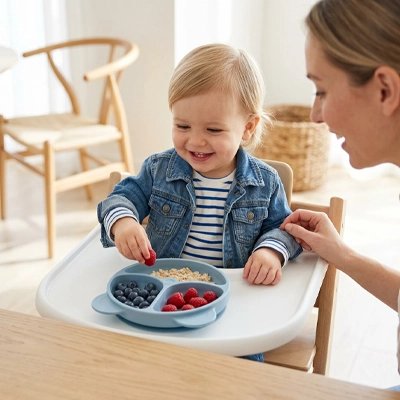 Assiette bébé ventouse anti renversement bleu