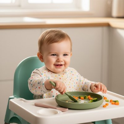 Assiette pour bébé antidérapante sécurisée cuillère verte