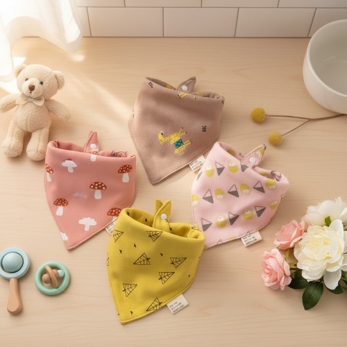 Bandana bavoir bébé rose jaune brun rose pâle sur le comptoir de cuisine
