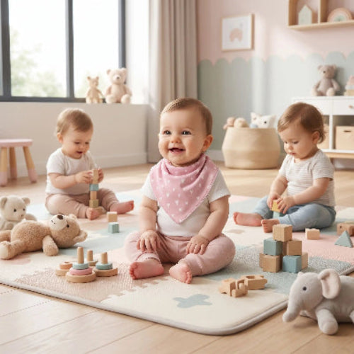 Bandana bavoir imperméable bébé assis dans sa salle de jeux entre amis