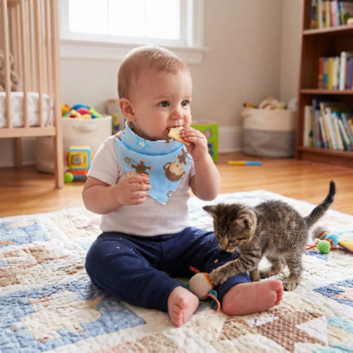 Bandana imperméable dans le cou de bébé assis sur une couverture avec son petit chat
