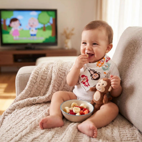 Bandana imperméable bébé assis sur le sofa avec une collation et son petit singe en peluche