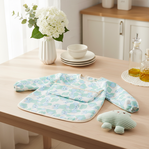 Bavoir imperméable bébé ourson bleu sur la table de cuisine avec peluche et fleurs