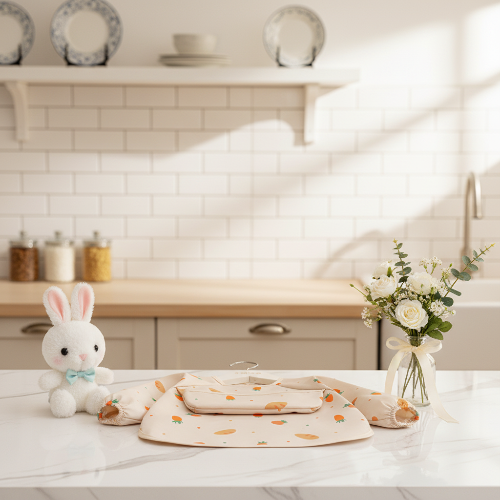 Bavoir imperméable bébé avec carotte sur le comptoire de cuisine avec lapin peluche et fleurs
