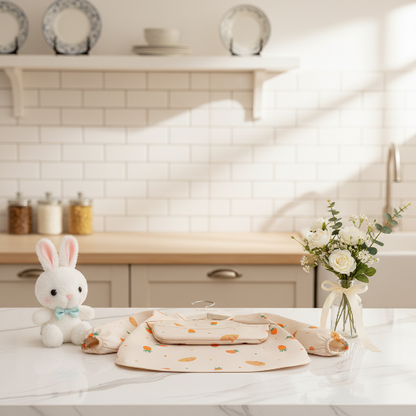 Bavoir imperméable bébé avec carotte sur le comptoire de cuisine avec lapin peluche et fleurs