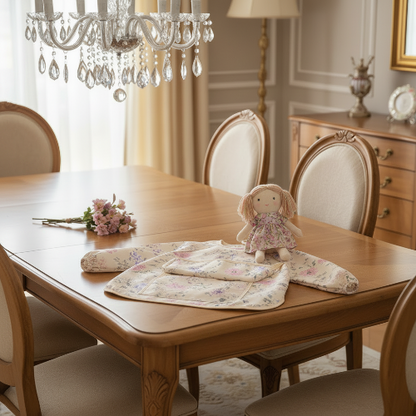 Bavoir imperméable bébé sur la table de cuisine avec poupée et petite fleurs
